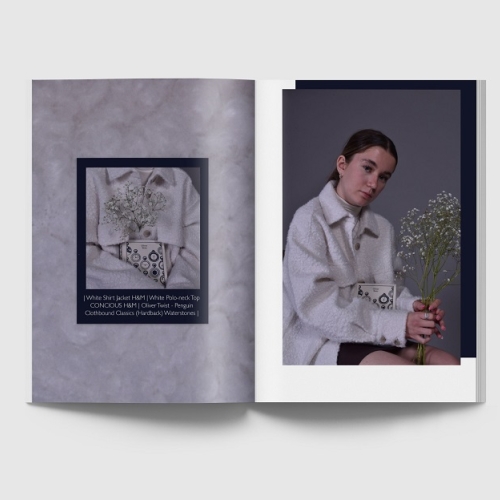 book opened to a page, right is a person sitting with a white fluffy coat, holding flowers