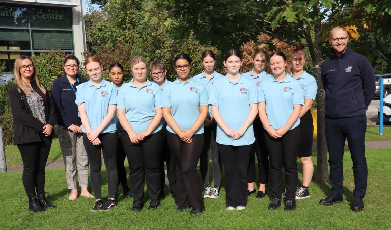 The students now on placements at the hospital, with (standing left) Hannah Swallow, Katy Kilpatrick, WSFT practice education facilitator, and (standing right) Alex Levitt-Powell