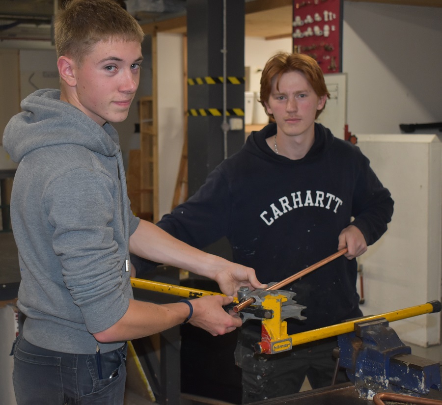 2 Rhys Snelling and Matt Rowe construction students at West Suffolk College working with materials that have been provided by Flagship