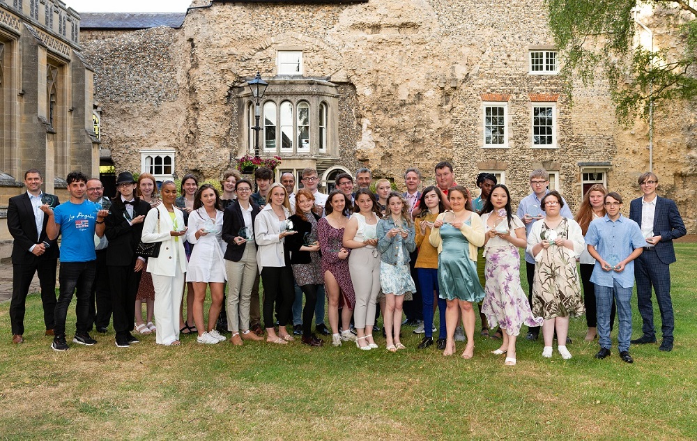 Celebration of Achievement Winners 2022 - Winners of Celebration of Achievement 2022, from One Sixth Form College, Abbeygate Sixth Form College and West Suffolk College, alongside principals of each college and Dr Nikos Savvas, CEO of Eastern Colleges Group. 