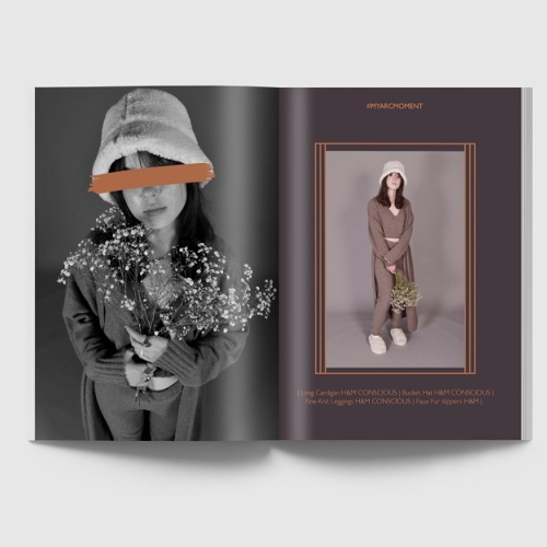 book opened to a page, left is a black and white image of a person holding flowers, right is the same person but in colour holding the flowers downwards