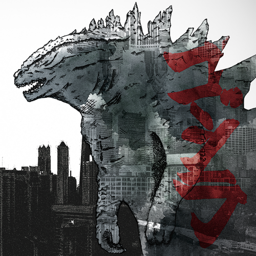 slightly see-through godzilla with red symbols on it