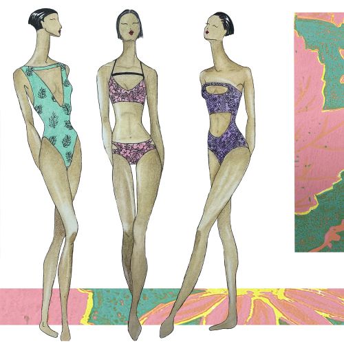Drawing of 3 females wearing swimsuits in green, pink and purple