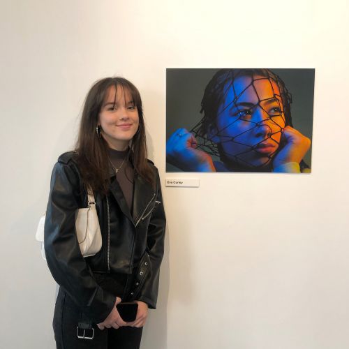 Photo of a person standing next to a photo of a person with a net over their head