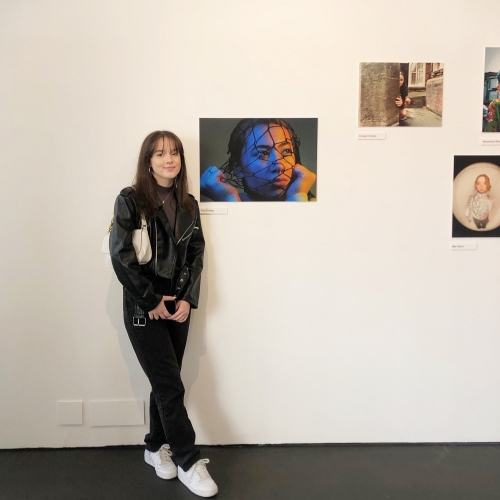 Photo of a person standing next to a photo of a person with a net over their head