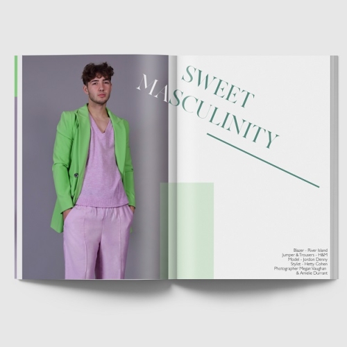 book opened to a page titled "sweet masculinity" with a person in pink clothing and green jacket