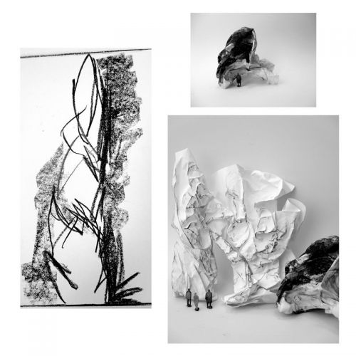 Photo of three images of drawings and sculptures