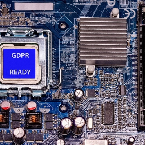 Close up of a motherboard with a "sticker" saying GDPR ready on it