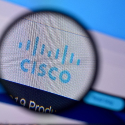 close up of the "Cisco" logo on a screen